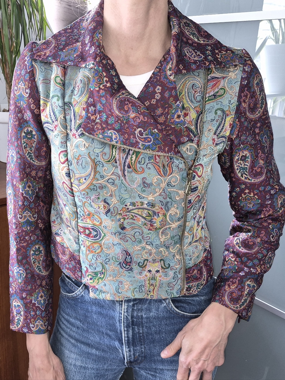 Paisley Print Mixed-Panel Women's Jacket - Purple/Teal